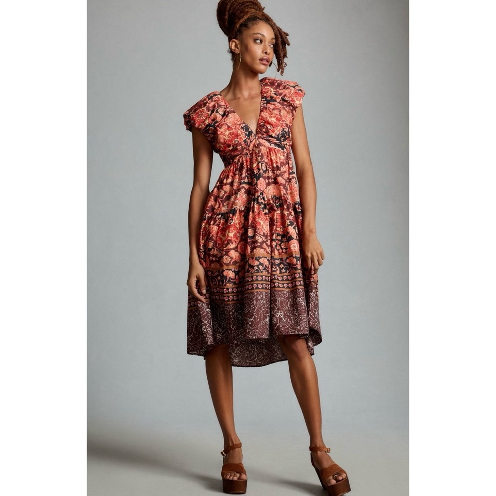 Anthropologie Red and Brown High Low Dress